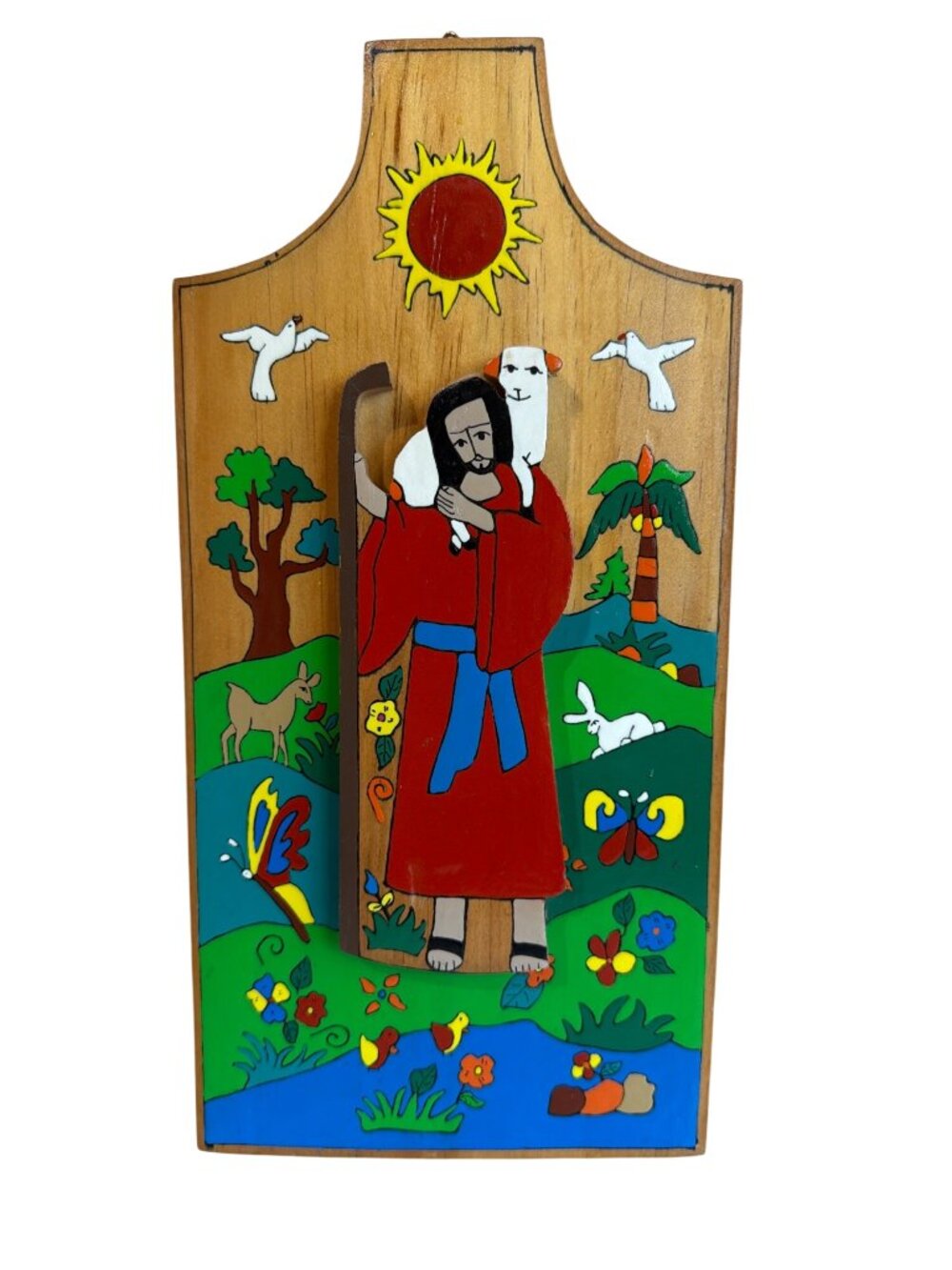 Vtg El Salvador Art Hand Painted Wood Plaque Shepherd Folk Art Home Decor